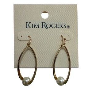 Kim Rogers Earrings Gold Tone Oval Drop With Pearl Accent